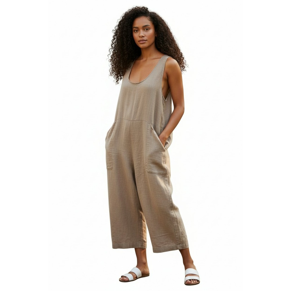 FLAX Linen Scoop Neck Wide Leg Cropped Overalls Romper w/ Pockets, Size S